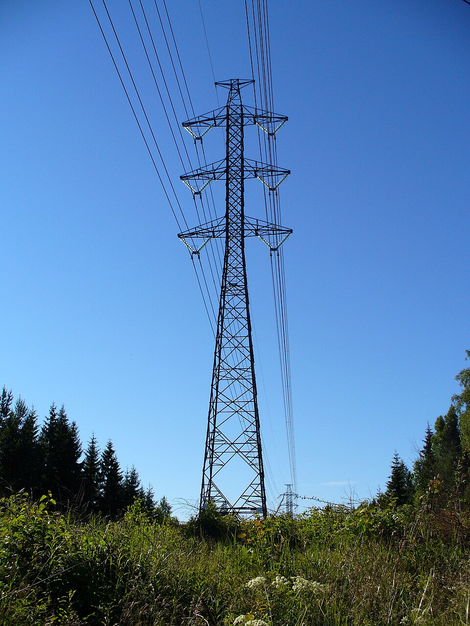 Electricity is sent on wires.