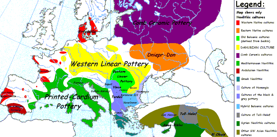 Different colors show different kinds of cultures in the Middle Neolithic