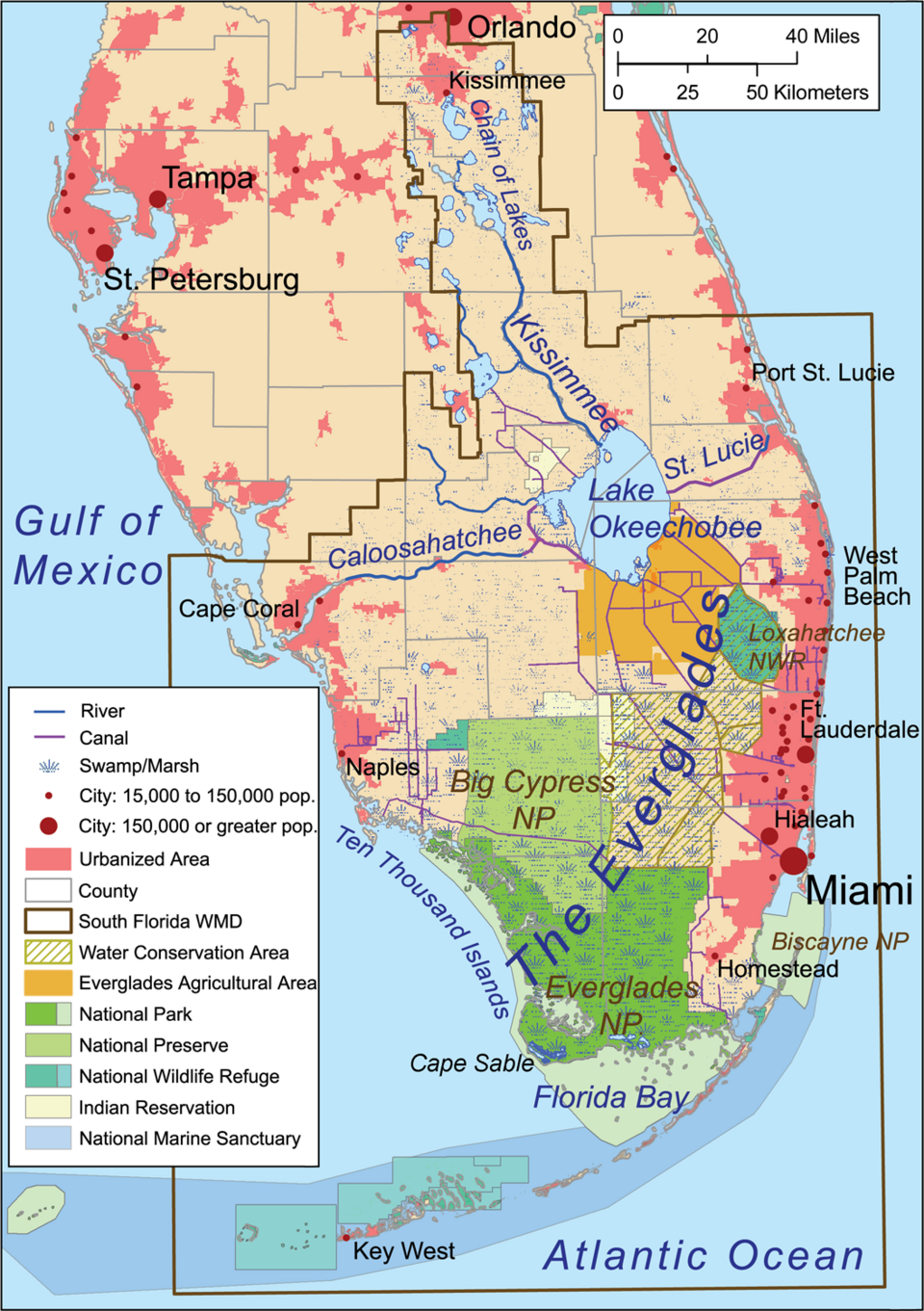 Southern third of the Florida Peninsula, showing the area managed by the South Florida Water Management District, Lake Okeechobee, the Everglades, Big Cypress National Preserve, the South Florida Metropolitan Area, the Ten Thousand Islands, and Florida Bay.
