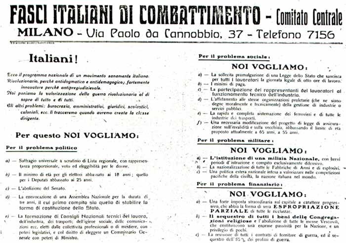 platform of Fasci Italiani di Combattimento