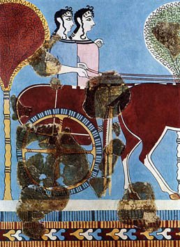 Two Mycenean women out on a chariot... Fresco from Tiryns ~1200 BC