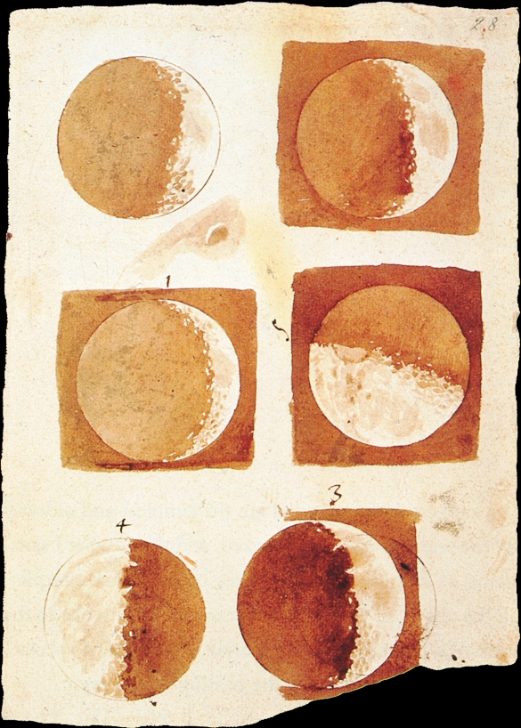 Drawings of the Moon by Galileo. His drawings were more detailed than anyone before him because he used a telescope to look at the Moon.