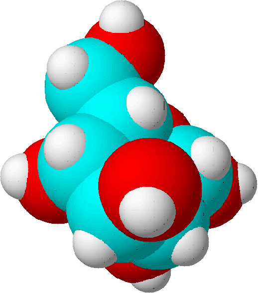 This is a sugar molecule. Carbon atoms are made blue, oxygen atoms are made red and hydrogen atoms are made white to show the difference. In reality atoms do not have a color.