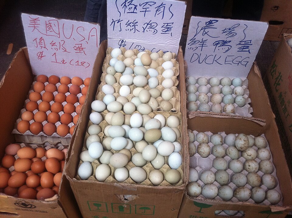 Chicken and duck eggs on sale in Hong Kong.