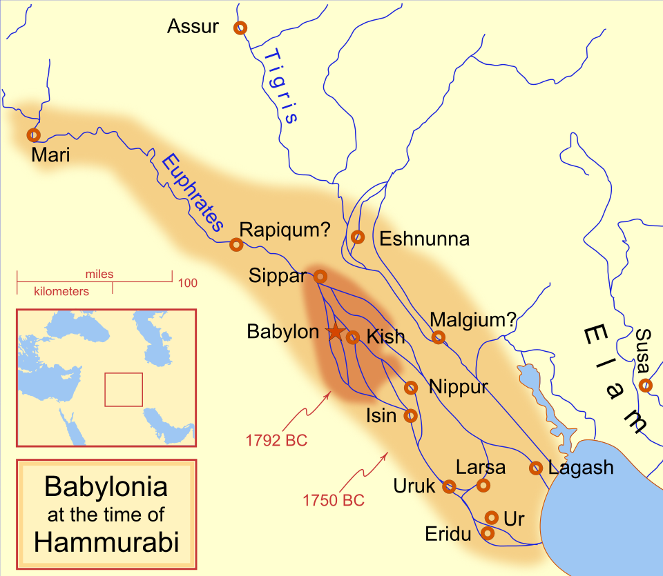 Map showing the Babylonian territory upon Hammurabi's ascension in 1792 BCE and upon his death in 1750 BCE