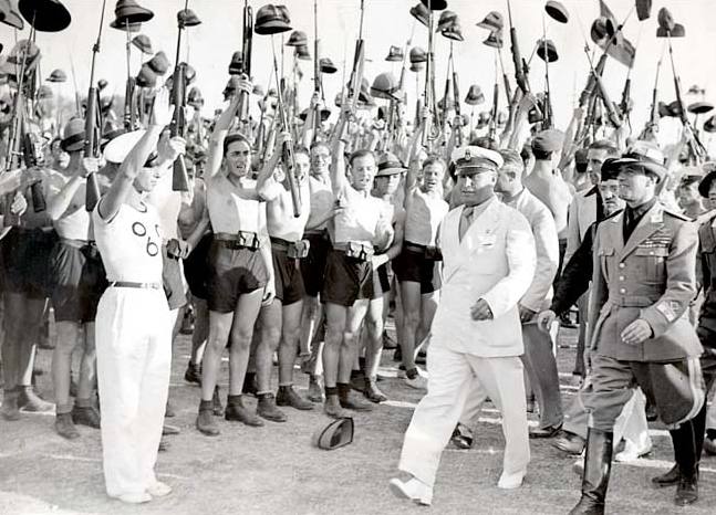 Mussolini and Fascist Blackshirt youth in 1935 in Rome
