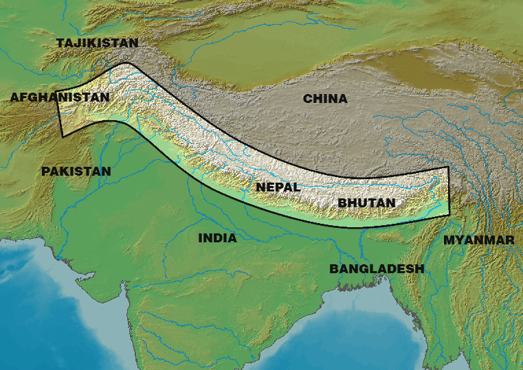 The position of the Himalayas mountain range