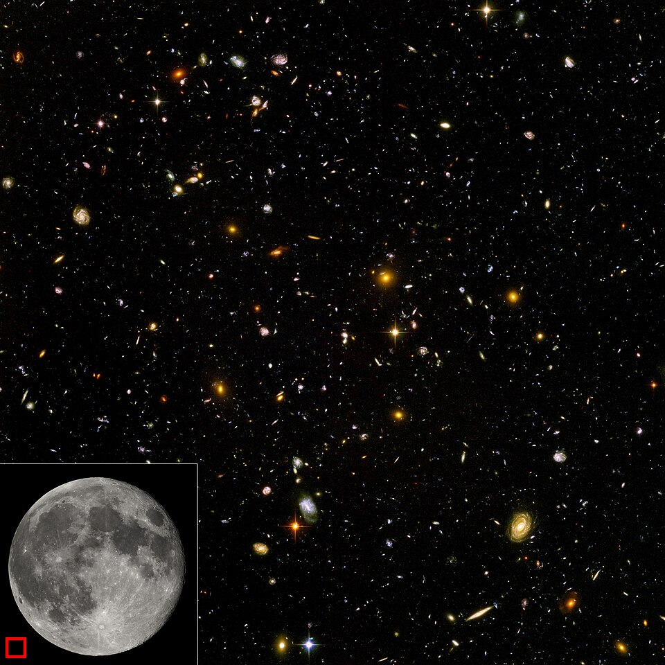 High-resolution image of the Hubble ultra deep field. It shows a variety of galaxies, each made of billions of stars. The equivalent area of sky that the picture occupies is shown in the lower left corner (red box). The smallest, reddest galaxies, about 100, are some of the most distant galaxies to have been photographed. They formed shortly after the Big Bang.