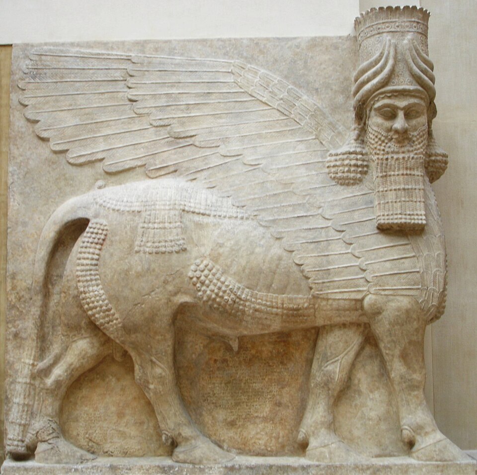 An Assyrian winged bull, or lamassu.