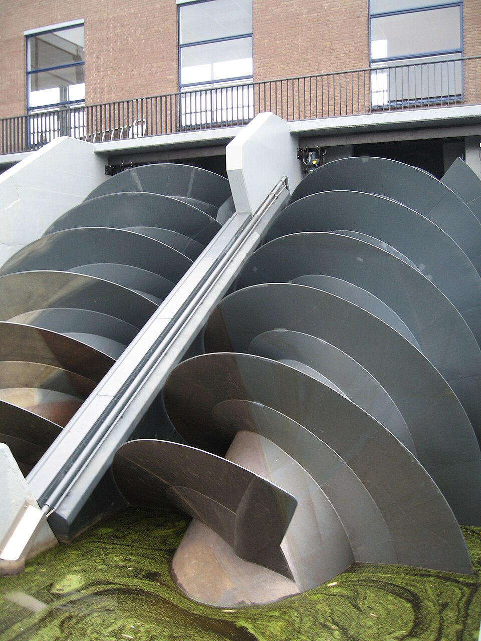 A modern Archimedes' screw in a pumping station in Kinderdijk, The Netherlands.