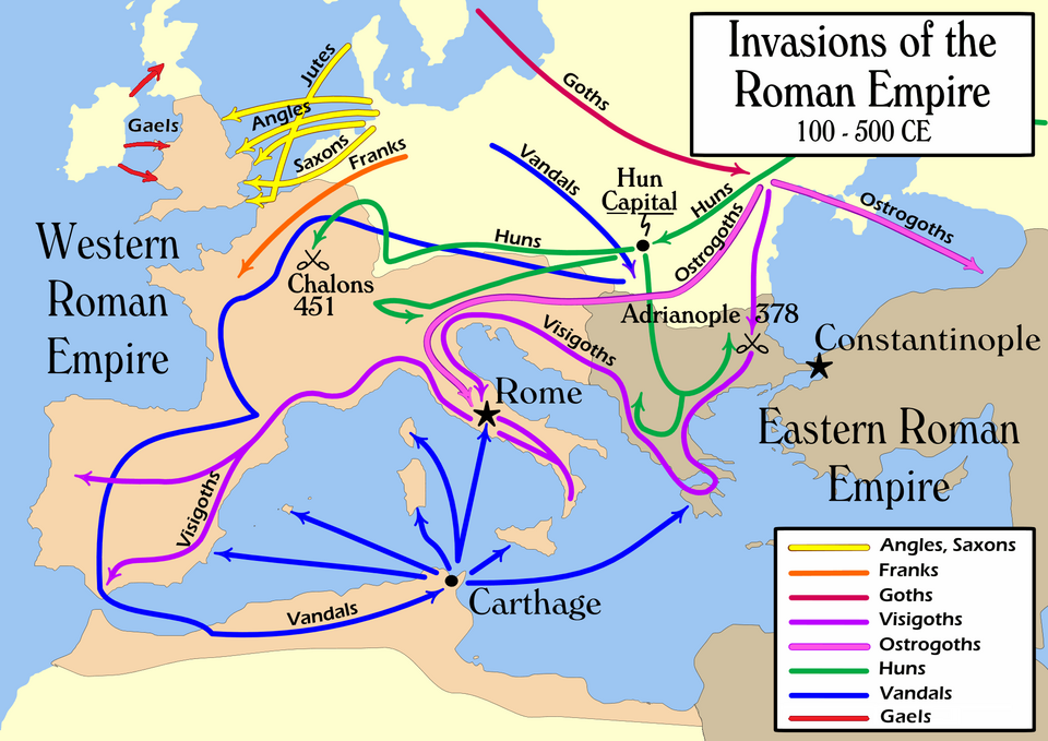 German and Hun tribes invaded the Roman Empire, 100–500 AD. The invasions eventually caused the fall of the Western Roman Empire in the 5th century AD.