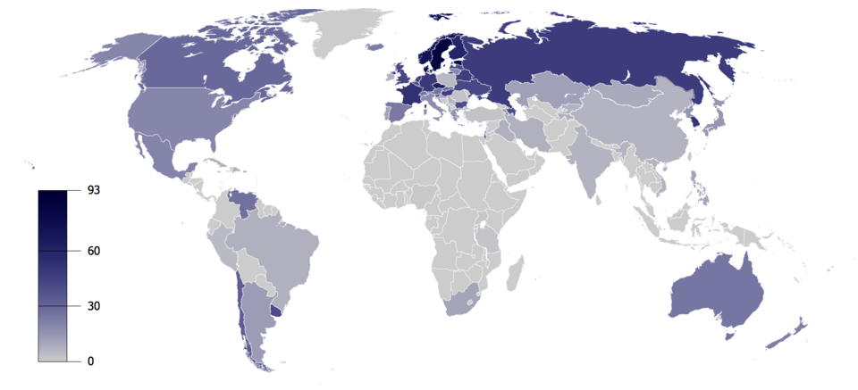 Map of irreligious population by percentage in the world. Some countries, such as Brazil, Mexico and Chile, do not have categories for atheism, agnosticism and humanism in the census box. Also, in some countries atheism is unlawful or not acceptable. Because of this large numbers of atheists may be hidden in some places.