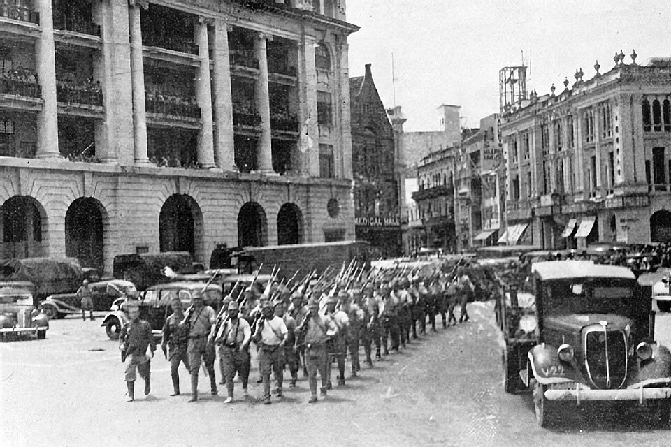 The Japanese marching in Singapore during the World War II period