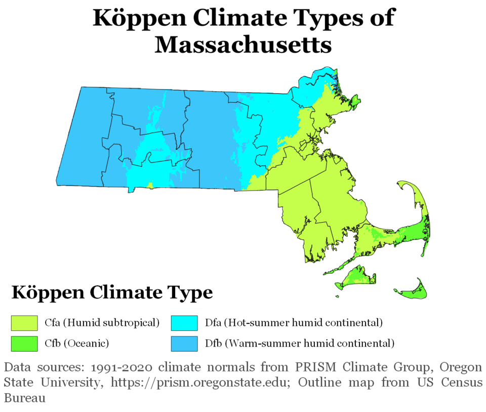 Koppen classifcation map of Massachusetts