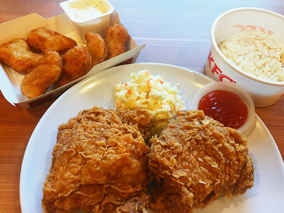 KFC Fried chicken served with rice and ketchup in Malaysia