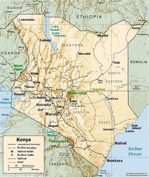 Map of Kenya, showing major towns, lakes and mountains.