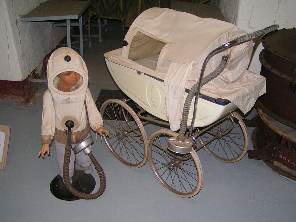 German child gas mask and cover for a pram