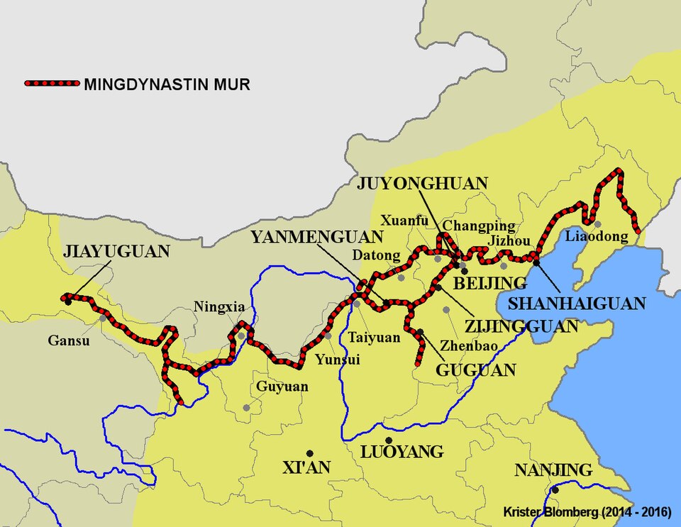 Map of the Ming Great Wall. The gray dots on the map show the headquarters of the military garrisons.