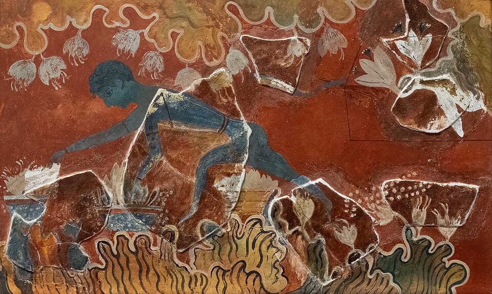 This ancient Minoan fresco from Knossos, Crete shows a monkey (stooped blue figure) gathering the saffron harvest.