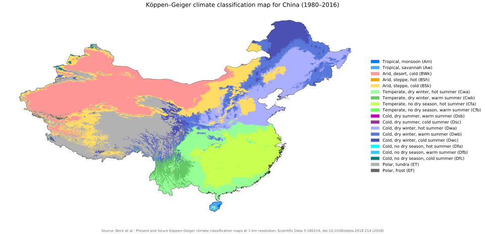 Köppen-Geiger climate classification map for China