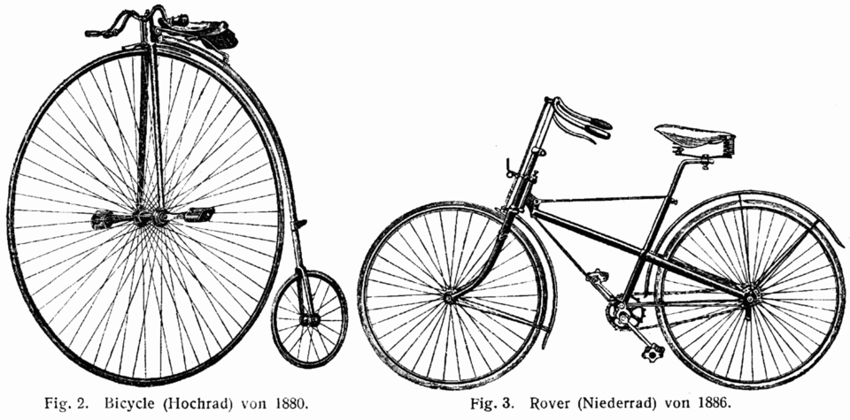 An 1880 penny-farthing (left), and a 1886 Rover safety bicycle with gearing