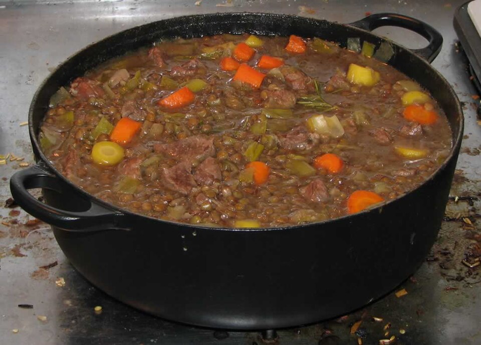 Lamb stew, with leeks, lentils, yellow (heirloom) and orange carrots, rosemary, and other spices