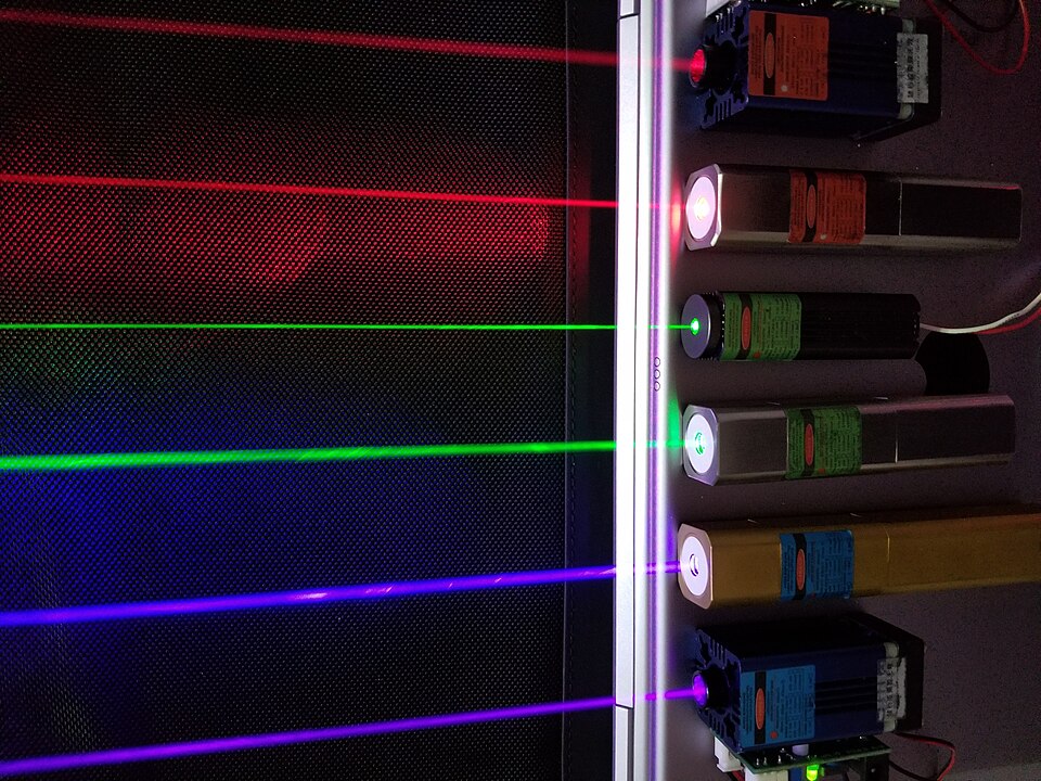 Red (660, 635nm), green (532, 520nm), and blue (445, 405nm) lasers