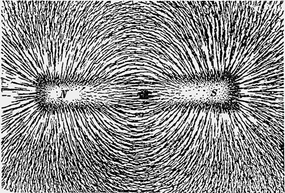 Magnetic lines of force of a bar magnet shown by iron(Fe) filings on paper
