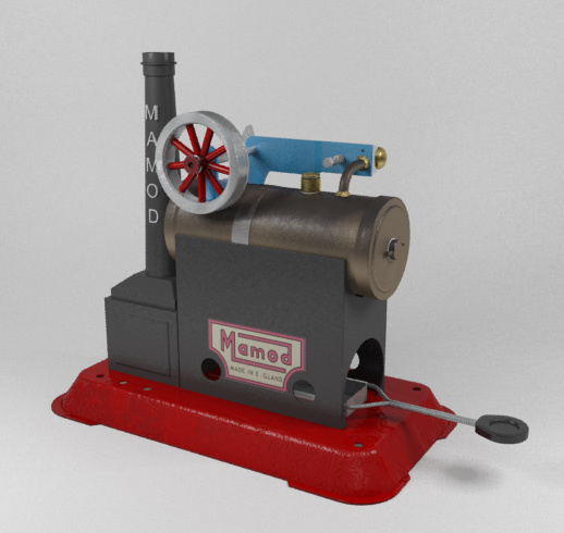 A toy steam engine. Fuel is burned in the tray at the bottom, steam is made in boiler which works the piston (the blue part), which turns the wheel