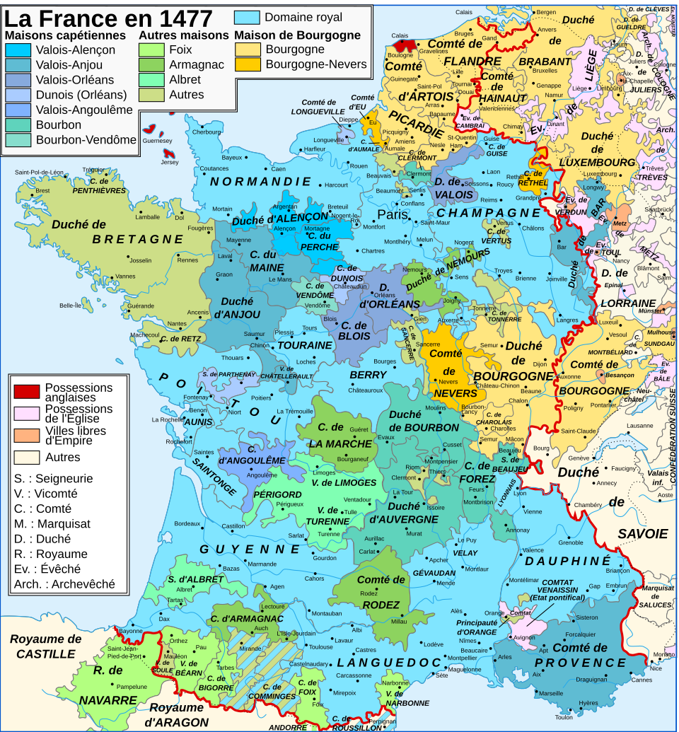 France in 1477. Red line: limit of the Kingdom of France; light blue: the royal domain