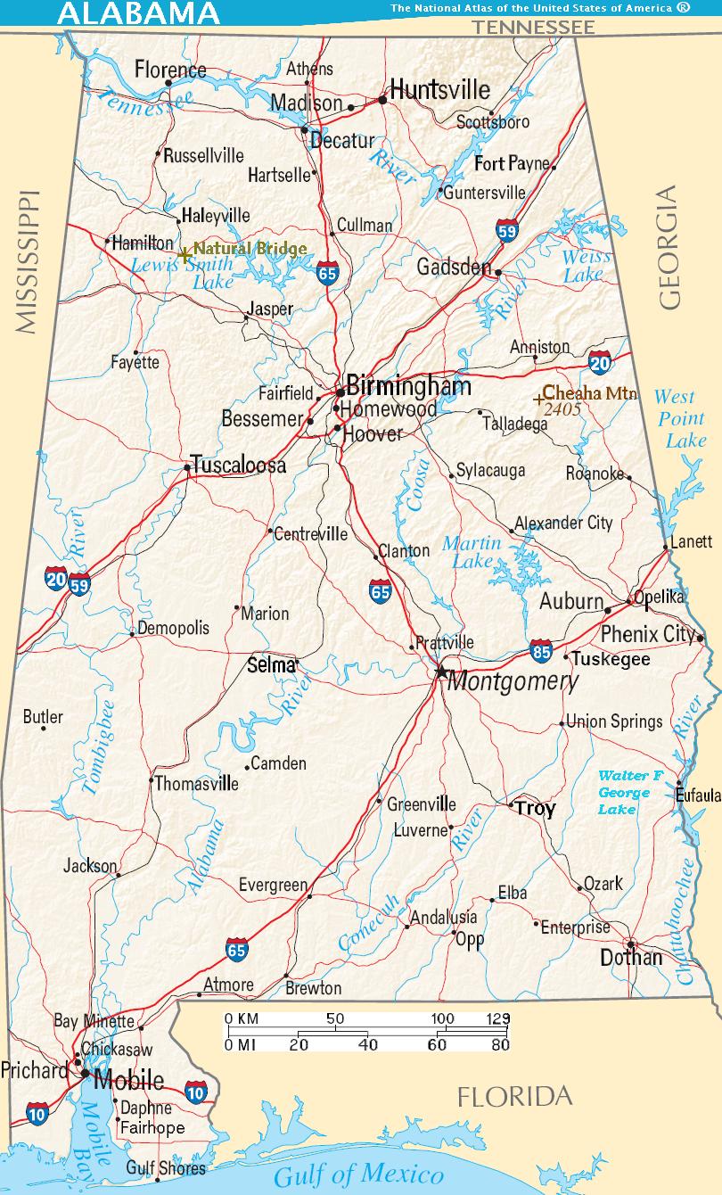 Terrain map of Alabama, showing lakes, rivers, and roads. Mount Cheaha can also be seen in the right center, east of Birmingham.
