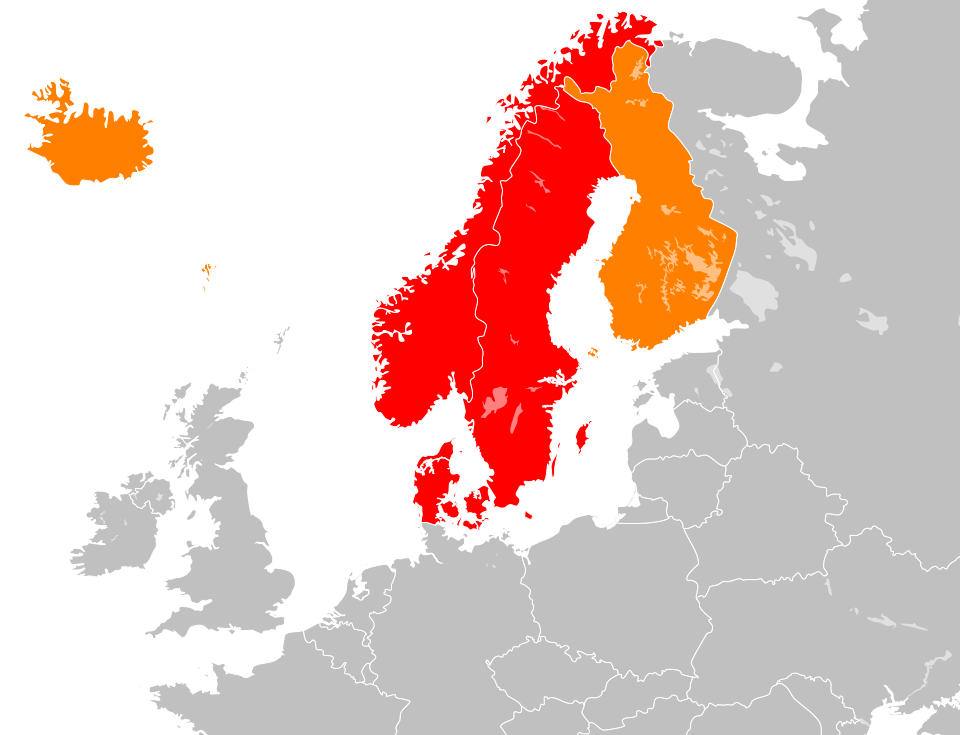 {{legend|#ff0000|The most common usage: the three monarchies of Denmark, Norway and Sweden}} {{legend|rgb(255, 127, 0)|An extended usage, including Finland, Svalbard, Iceland, Greenland and the Faroe Islands}}