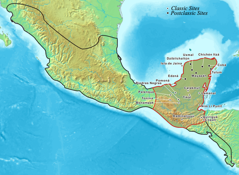 Where the Maya civilization lived (inside the red lines) compared to where other Mesoamerican people (inside the lines) in the years 250–900 AD