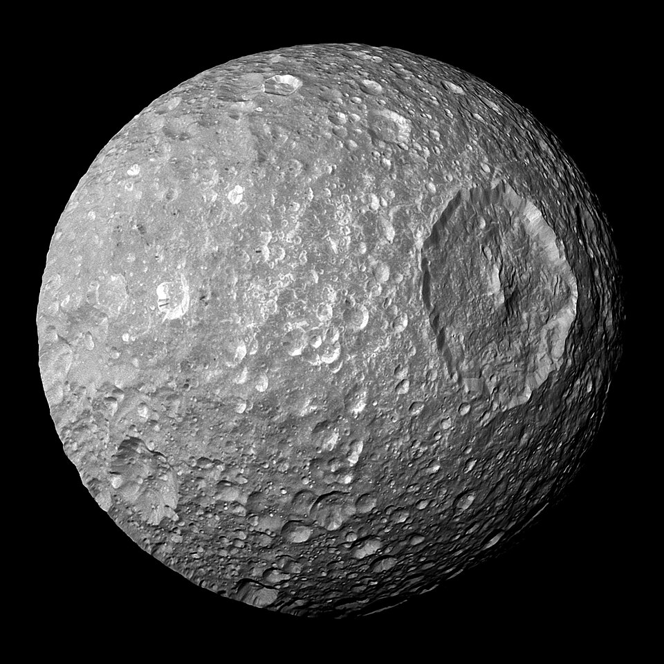 Mimas, with the Herschel crater clearly seen. Image made of six images taken by Cassini on February 13, 2010, when Cassini was 9,500 km away.