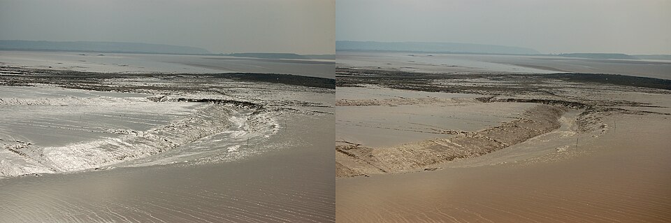 Effect of a polarizer on reflection from mud flats. In the picture on the left, the polarizer is rotated to transmit the reflections as well as possible; by rotating the polarizer by 90° (picture on the right) almost all specularly reflected sunlight is blocked.