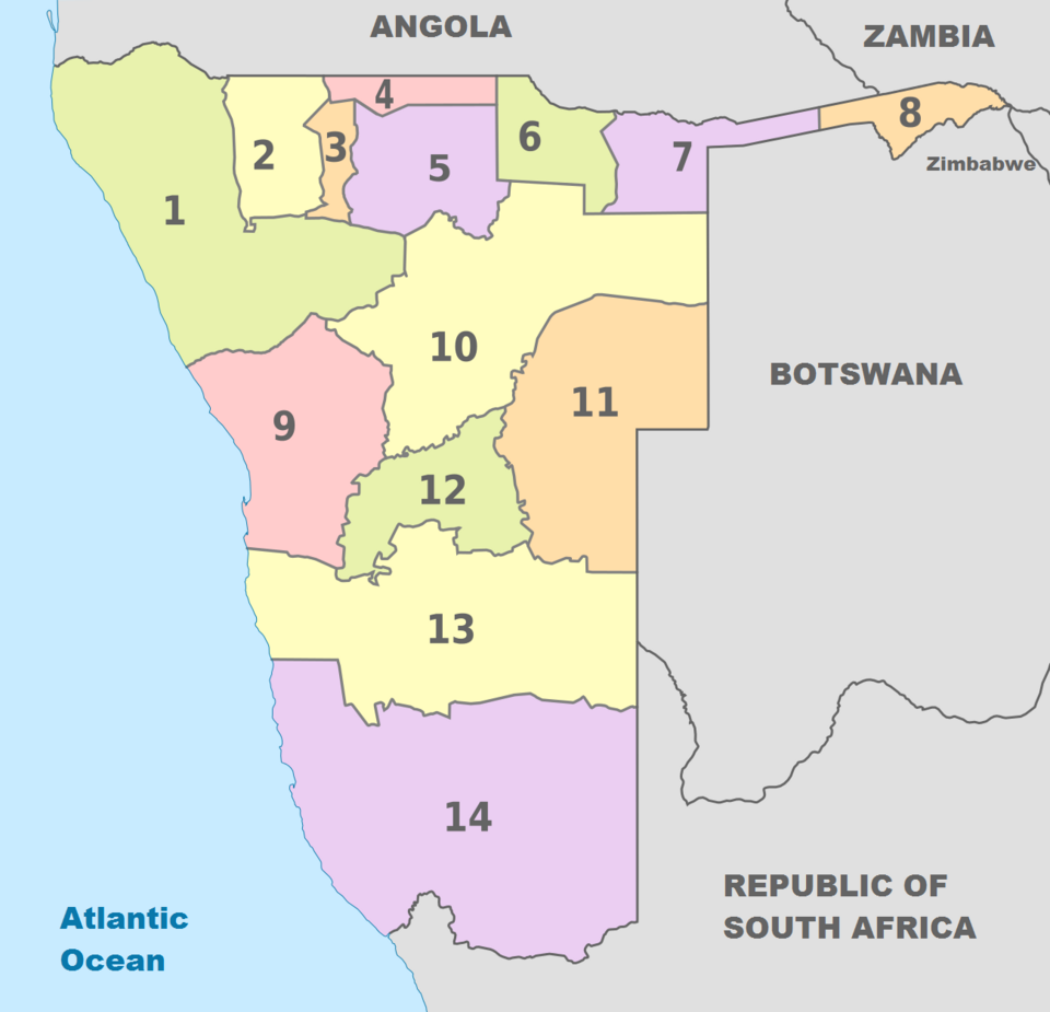 Regions of Namibia: {{Columns | col1 = 1. Kunene 2. Omusati 3. Oshana 4. Ohangwena 5. Oshikoto | col2 = 6. Kavango West 7. Kavango East 8. Zambezi 9. Erongo 10. Otjozondjupa | col3 = 11. Omaheke 12. Khomas 13. Hardap 14. ǁKaras}}