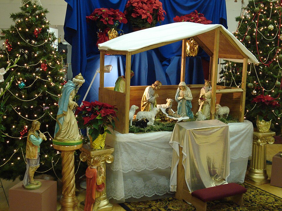 A Christmas tree and a Nativity scene, two popular parts of Christmas