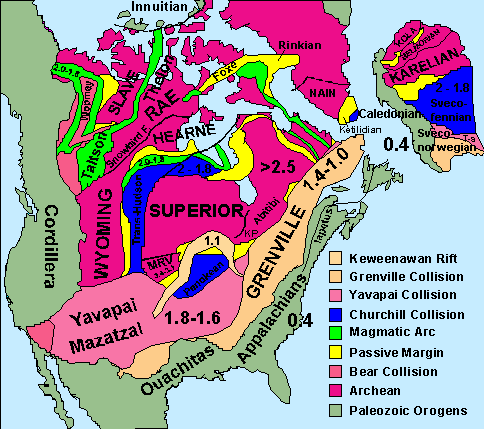 Palaeomap of North American and Scandinavian cratons, basement rocks, and orogenic belts