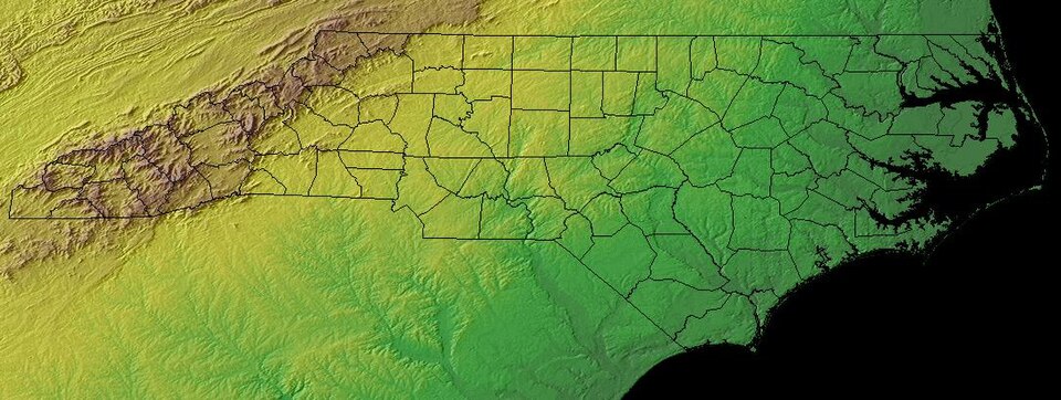 This is a map of North Carolina. The green part is the Coastal Plain, the yellow part is the Piedmont, and the brown part is the Mountains
