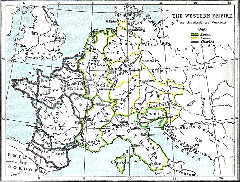 Map showing the Saxons' homeland in their traditional region, bounded by the Weser, Eider, and Elbe Rivers: Freeman's Historical Geography.