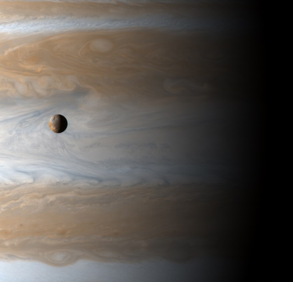 Cassini image of Io in front of Jupiter, taken on January 1, 2001