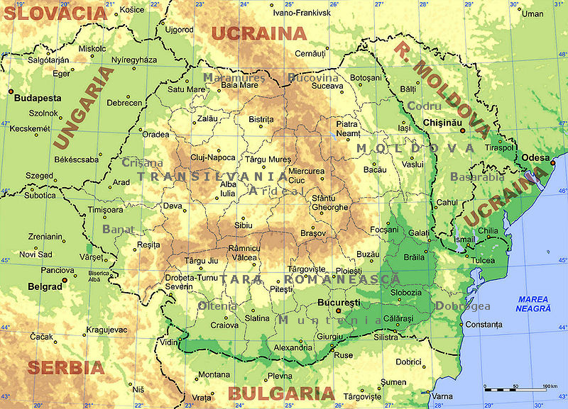 A physical map of Romania.