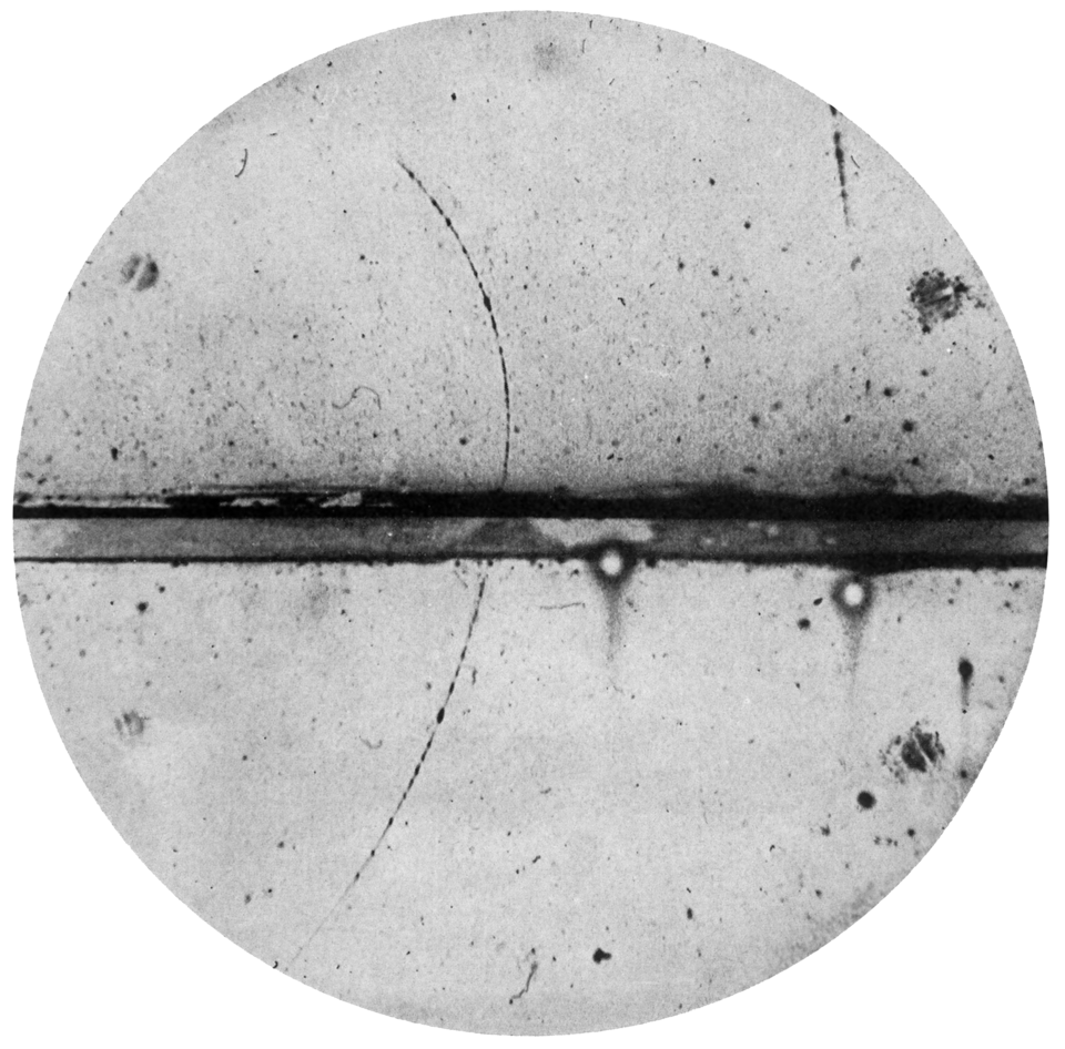 A cloud chamber photograph of the first observed positron, 2 August 1932.