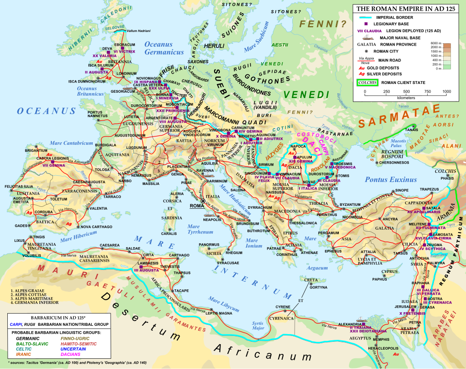 The Roman Empire under Hadrian (ruled 117-138) according to Tacitus's Germania (written ca. AD 100) and Ptolemy's Geographia (ca. AD 130). The map shows the location of the Gothones East Germanic group, who inhabited the east bank of the Visula (Vistula) River, now in Poland