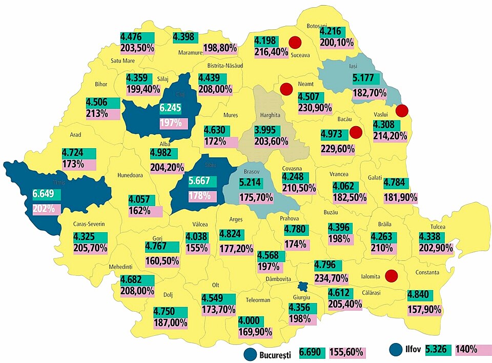 Map of net wages in Romania (lei) at the end of 2024 and changes since 2015, by county