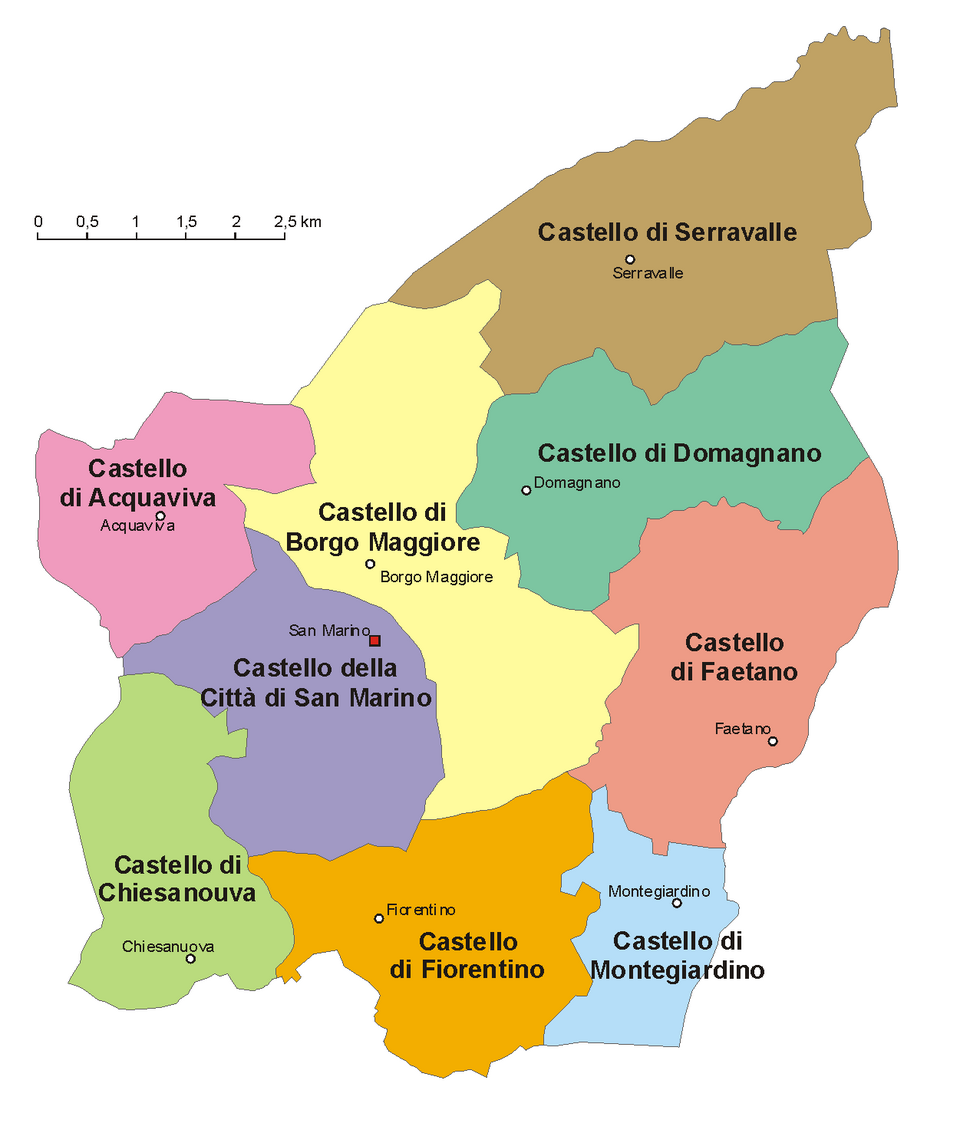 Location of the 9 castelli of San Marino