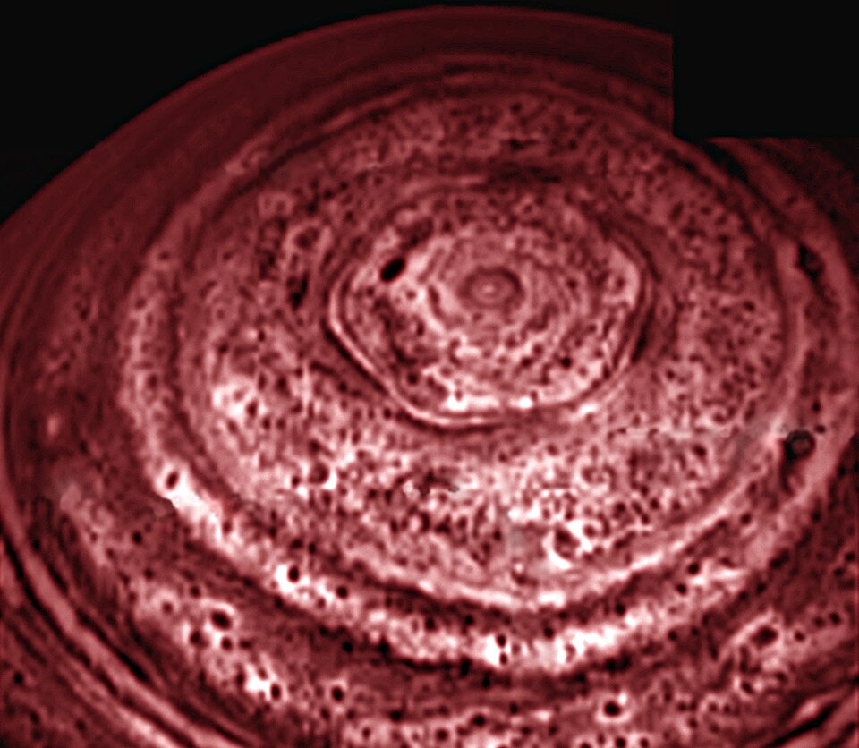 The north polar hexagonal cloud first found by Voyager 1 and later by Cassini