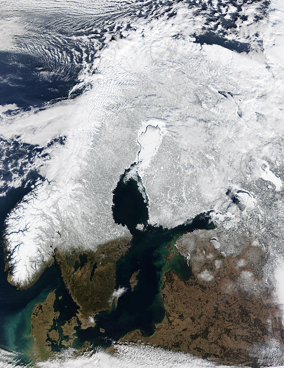Satellite photo of Scandinavia in February 2003