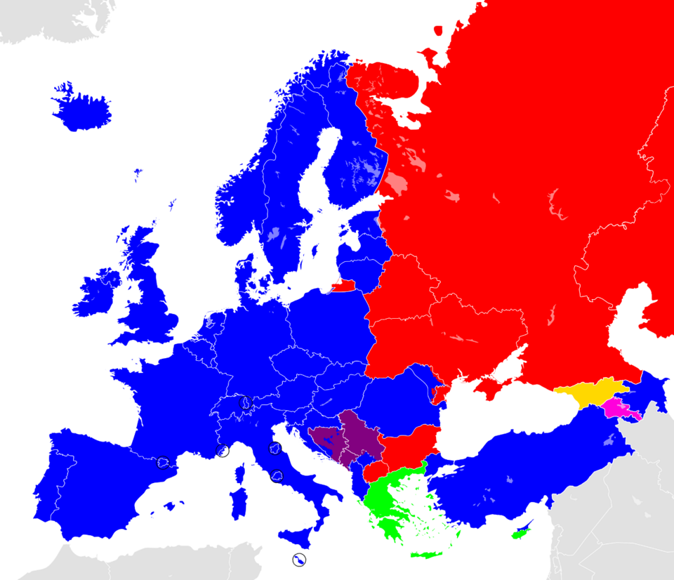 Main alphabets used in Europe: {{legend|#0000FF|Latin alphabet}} {{legend|#FF0000|Cyrillic alphabet}} {{legend|#00FF00|Greek alphabet}} {{legend|#800080|Latin and Cyrillic alphabet}} {{legend|#05D3D3|Greek and Latin alphabet}}