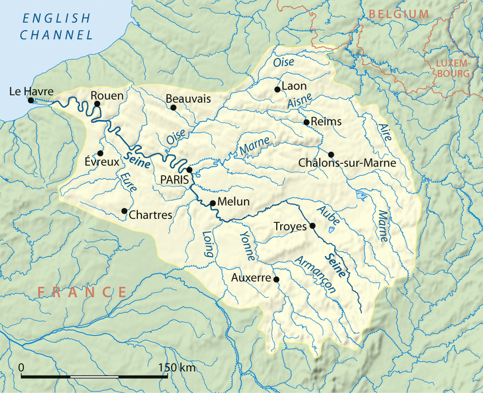 The Seine rises near Dijon in eastern central France, and flows through Paris and into the English Channel.